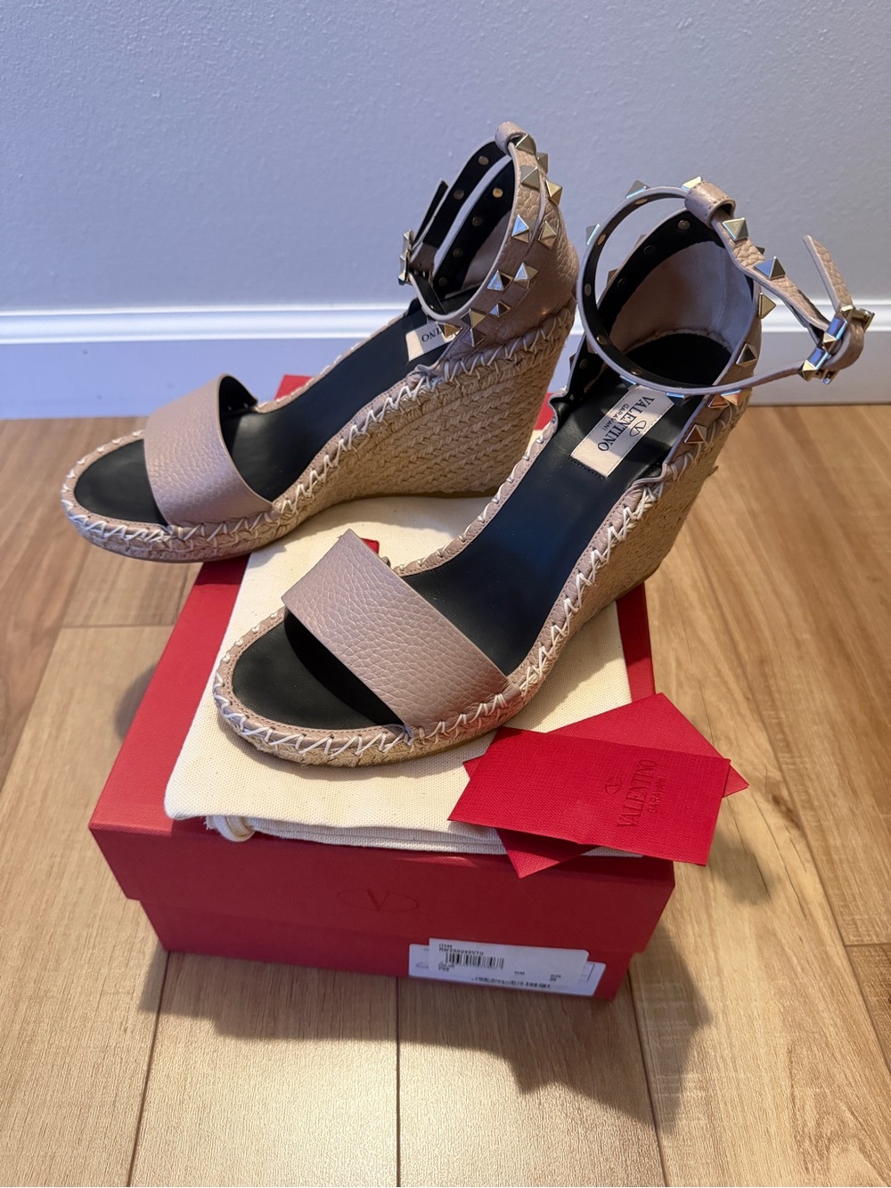 Valentino Double Rockstud Ankle-Strap Espadrille Wedge Sandals New